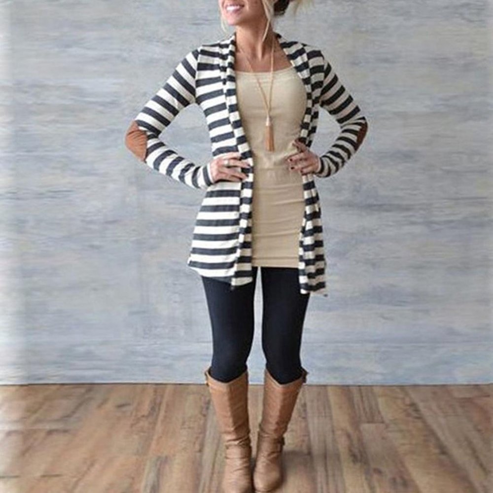 Striped Open-Front Cardigan with Elbow Patches - Black & White
